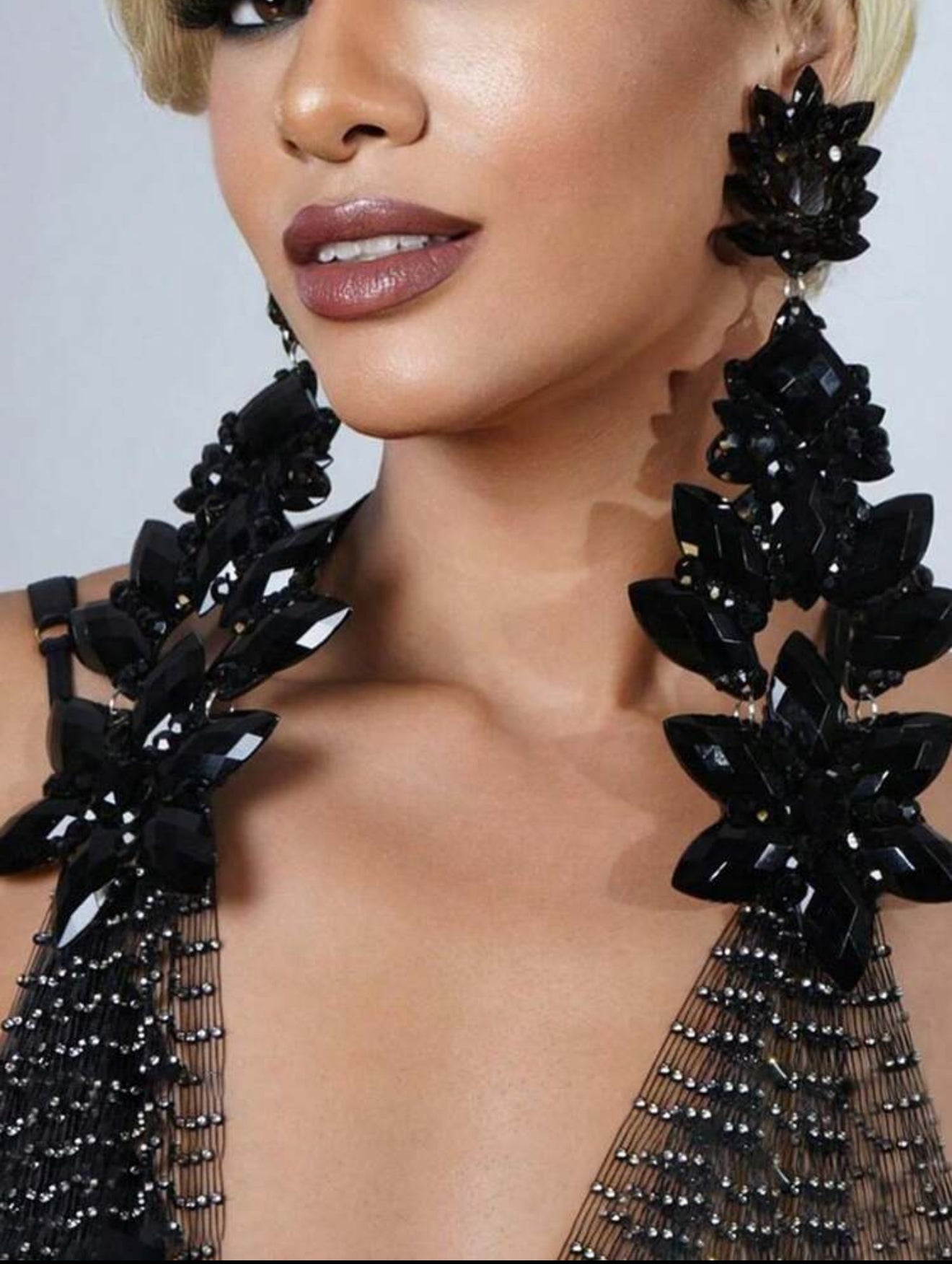 1 Pair Oversized Dramatic Black Crystal Flower Design Drop Earrings For Ballroom Dance Show Party