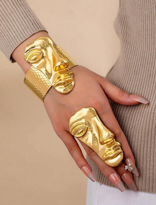 Golden Color Abstract Face Mask Design Cuff Bangle Chunky Ring , Golden Color Jewelry Set For Women , Oversized Metal Cuffs Rings Set , Matching Ring And Bangle Bracelet Set